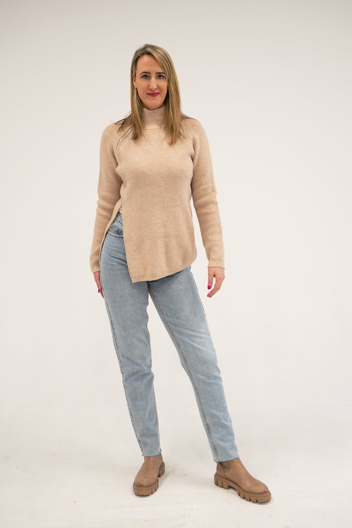 Beige Zip Up Knit - HEIGHT-OF-FASHION