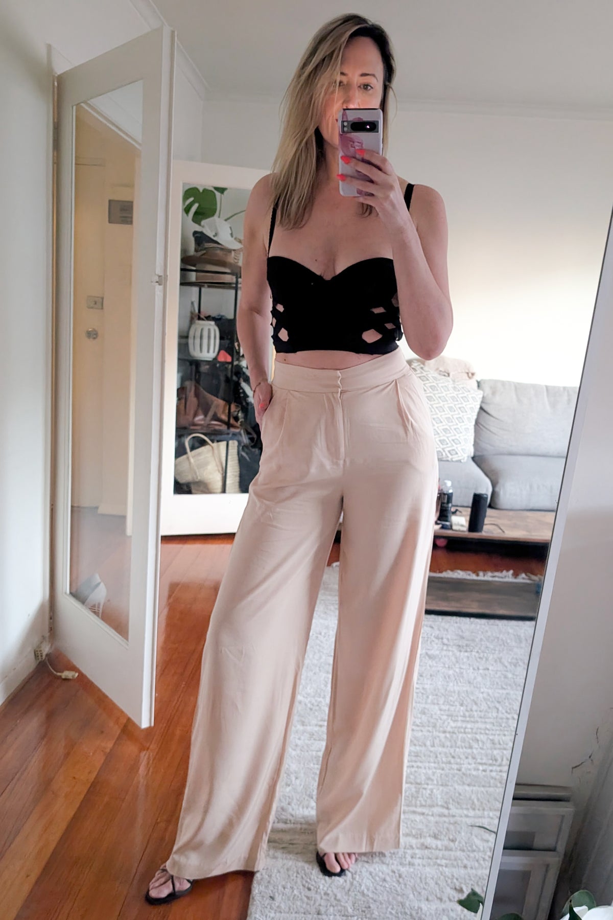 High Waisted Wide Leg Pants - Beige
