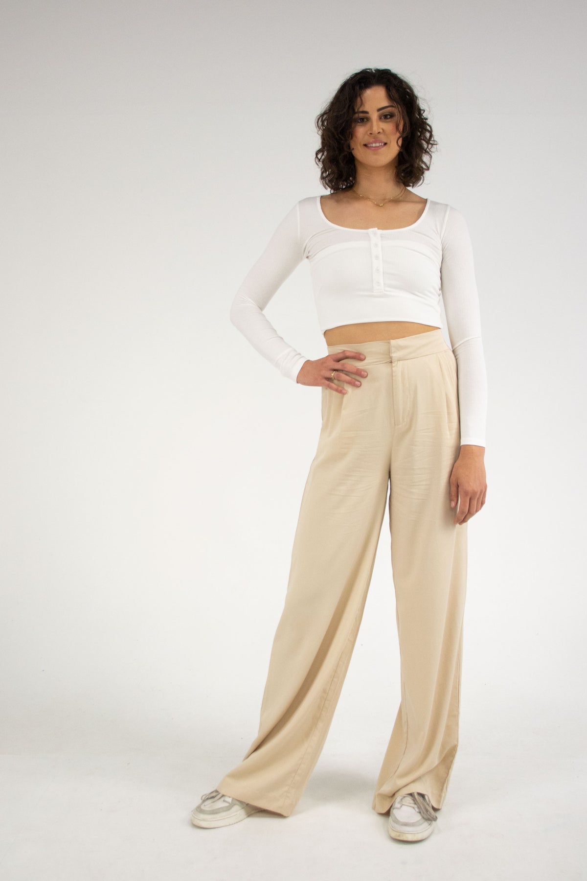 High Waisted Wide Leg Pants - Beige