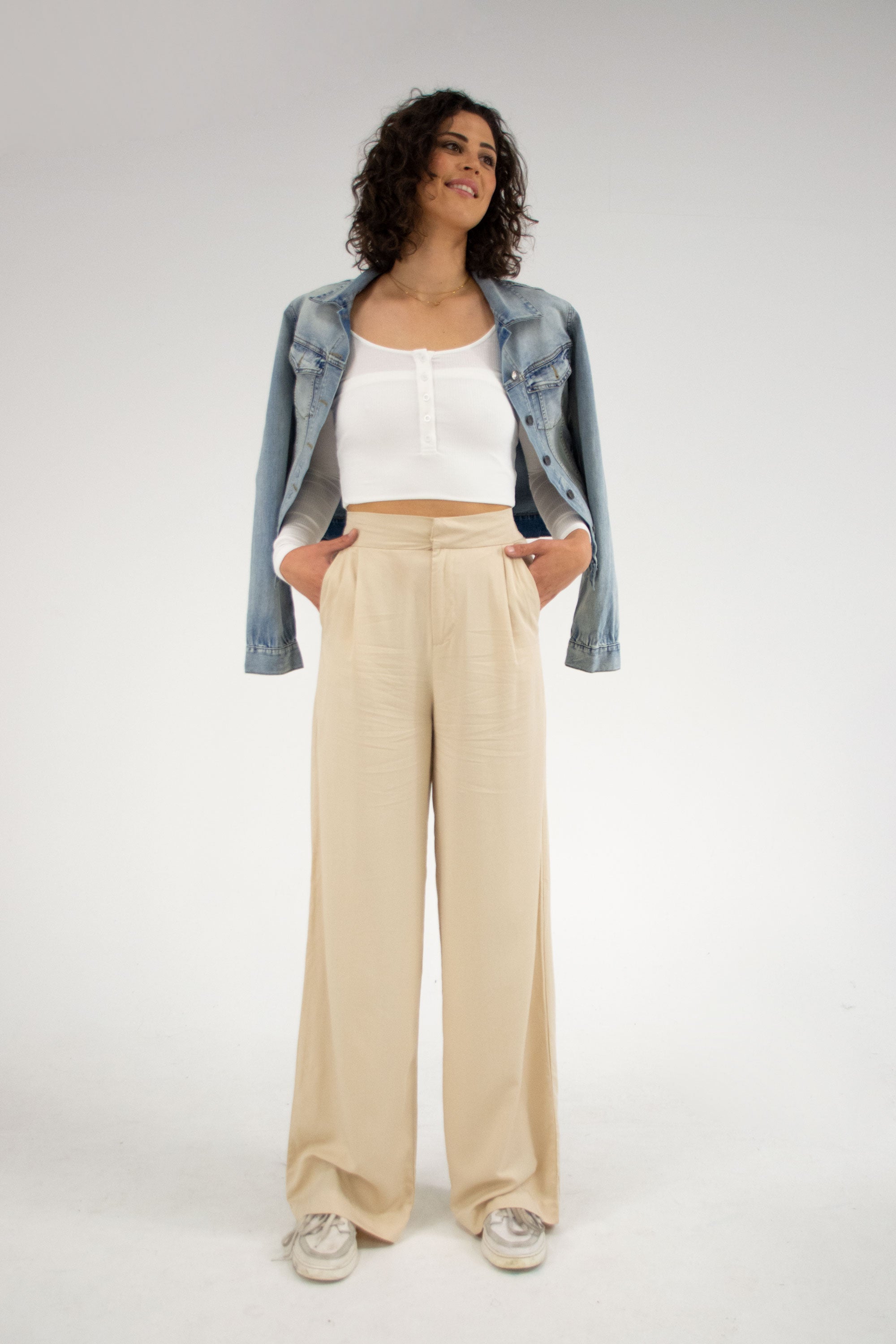 High Waisted Wide Leg Pants - Beige - HEIGHT-OF-FASHION